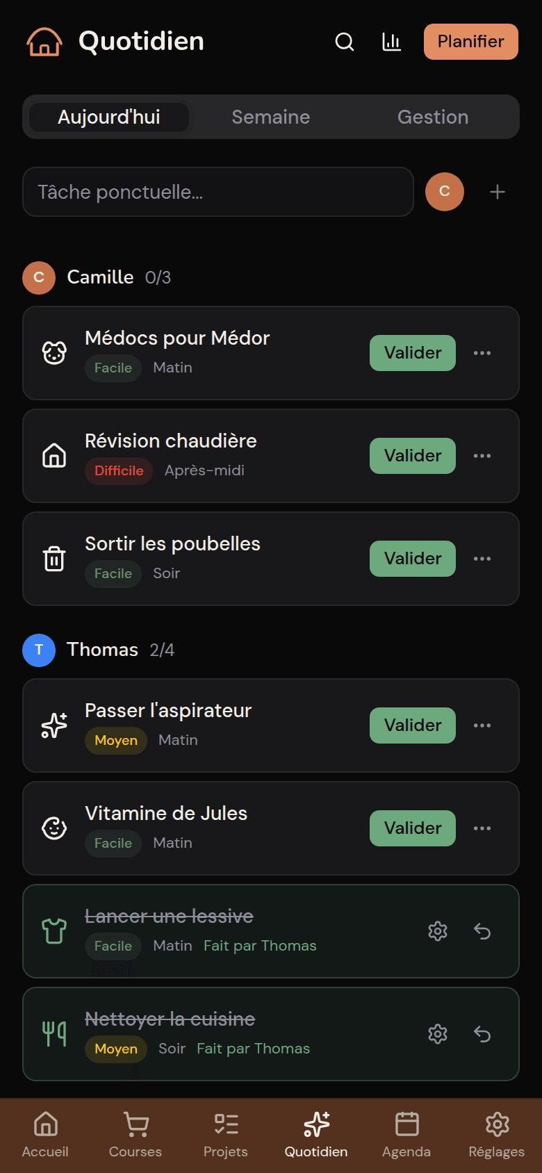 Tâches du jour réparties par membre dans Kotidy