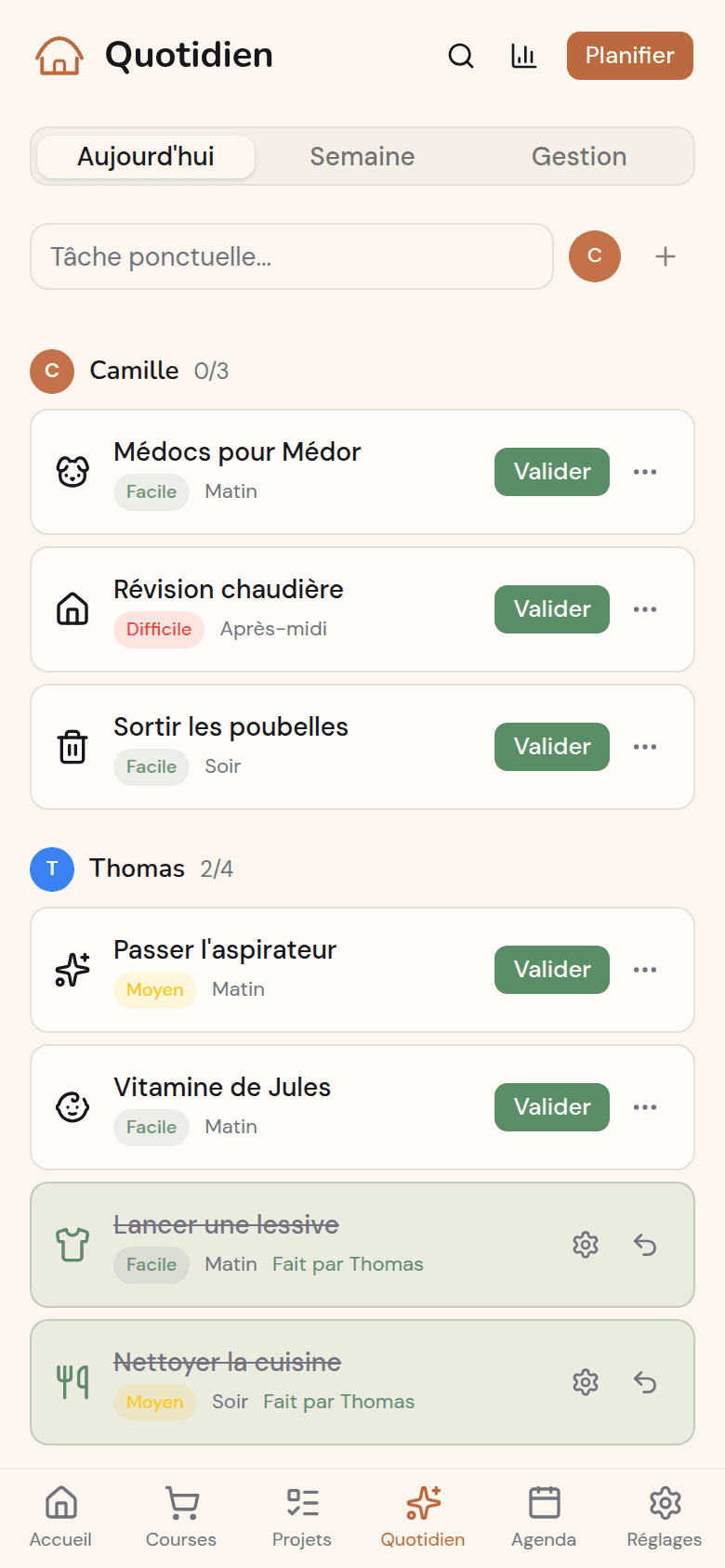 Tâches du jour réparties par membre dans Kotidy